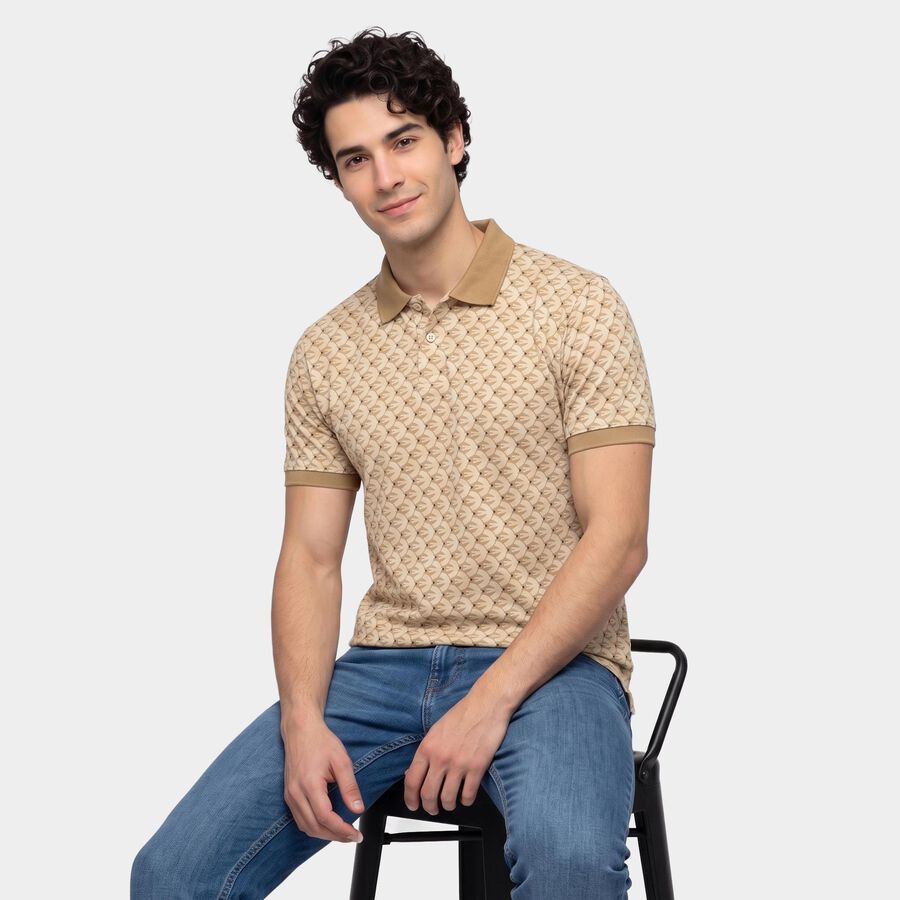 Men's Beige Cotton Polo Neck Printed T-Shirt, Beige, large
