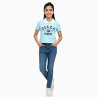 Girls Aqua Blue Cotton Polo Neck Graphic T-Shirt, Aqua, small image number null