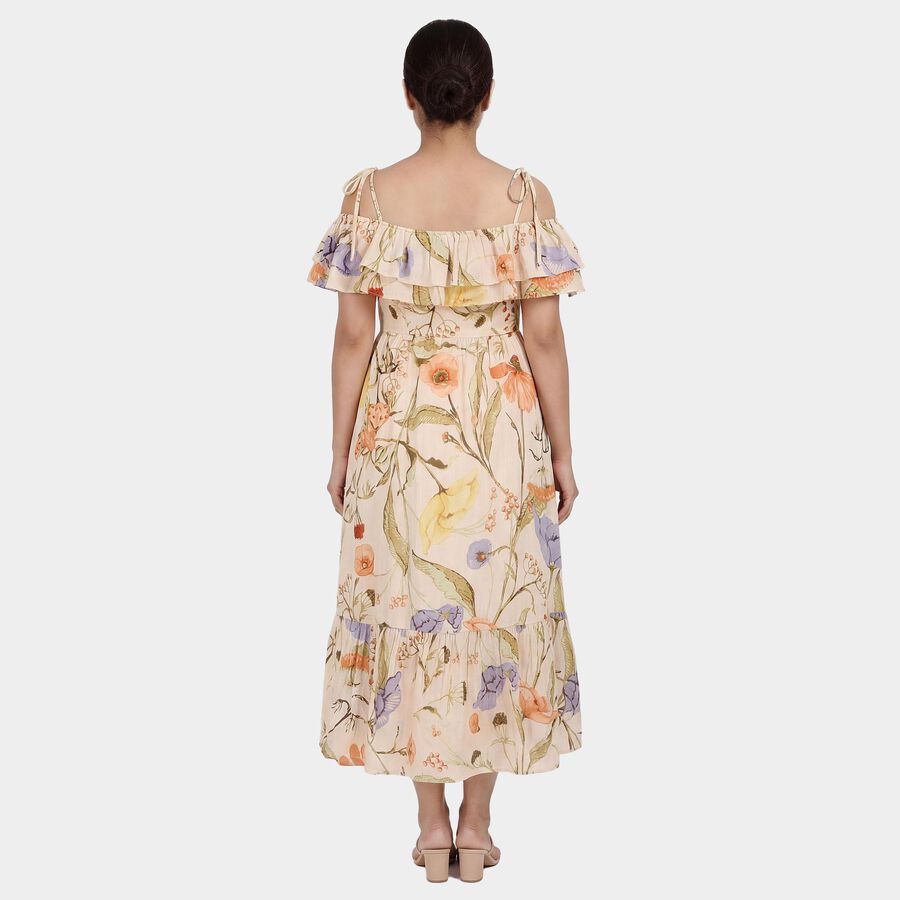 Women's Peach Cotton Square Neck Smocked Tiered Midi Dress, पीच, large