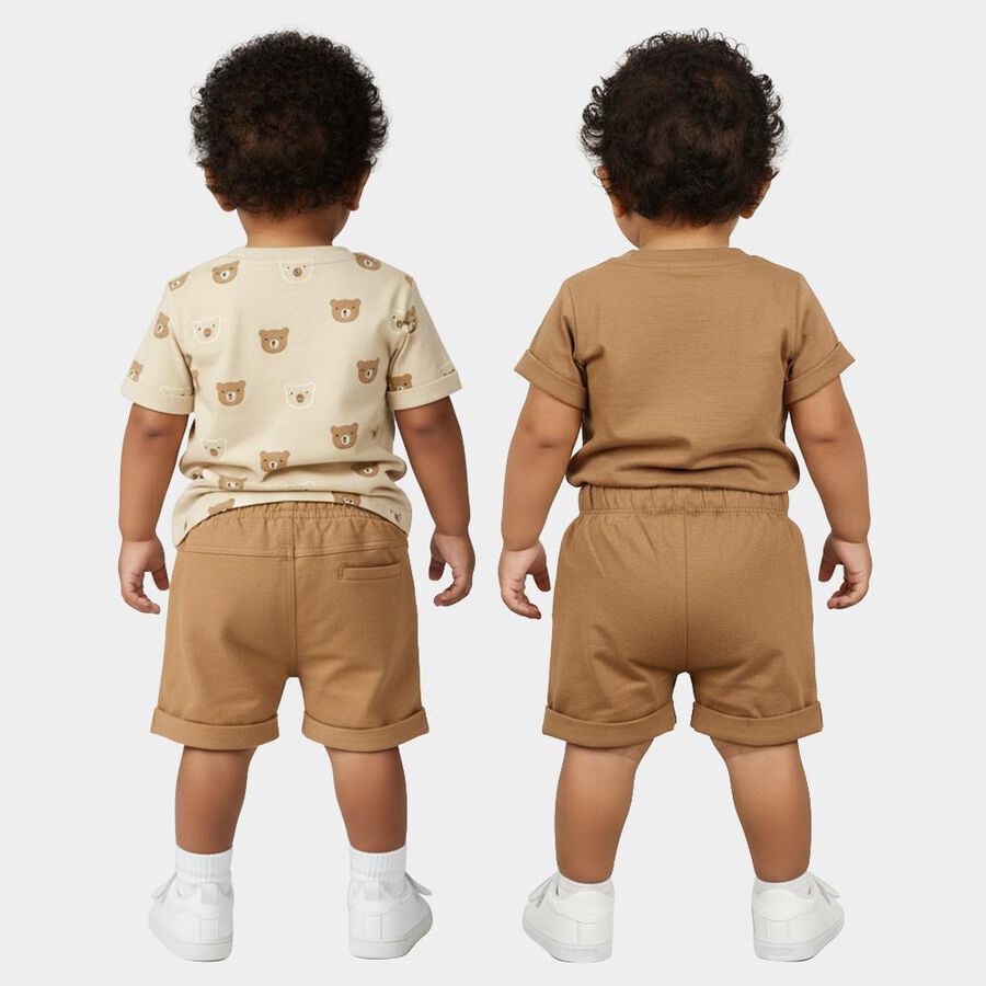 Infants' Beige 100% Cotton Round Neck Bear Print Baba Suit, Beige, large