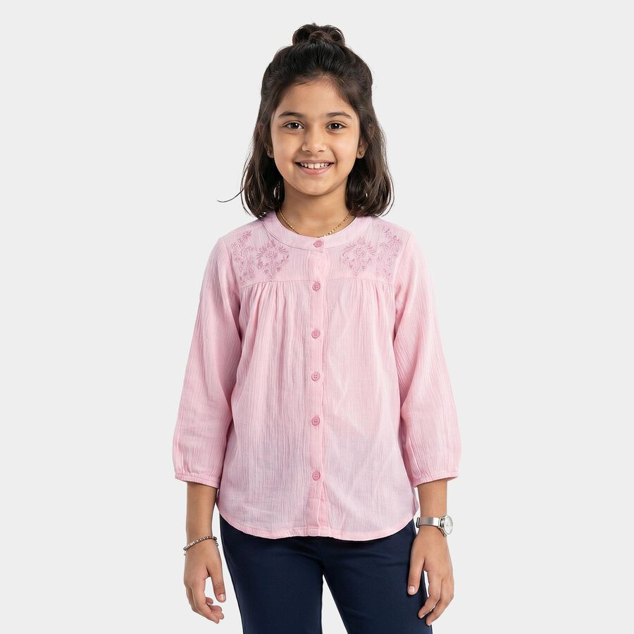 Girls' Pink Round Neck Regular Blouse, Light Pink, large