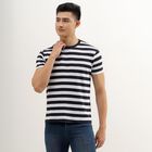 Men's Navy and White Round Neck Striped T-Shirt, Navy Blue, small image number null