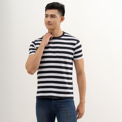 Men's Navy and White Round Neck Striped T-Shirt