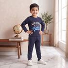 Boys Navy Blue Crew Neck Graphic Print Baba Suit, Navy Blue, small