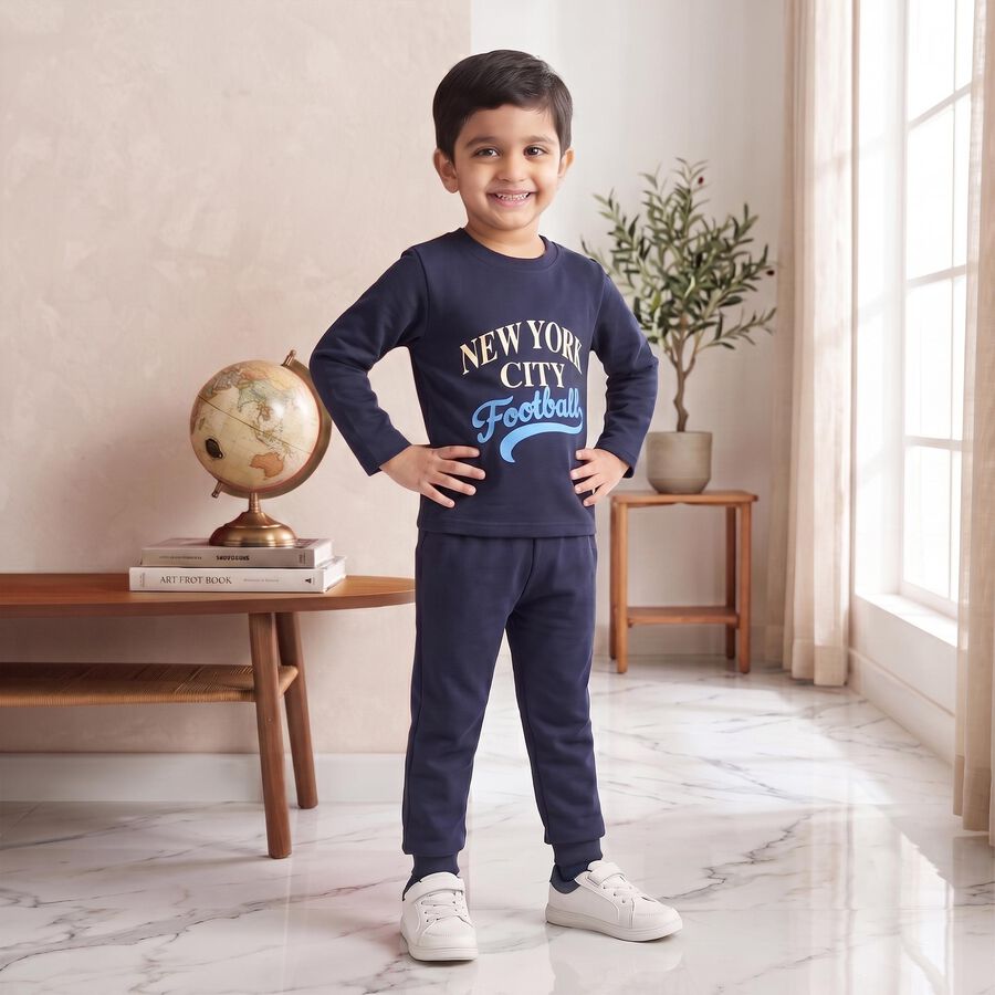 Boys Navy Blue Crew Neck Graphic Print Baba Suit, Navy Blue, large