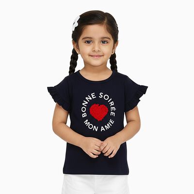 Girls' Navy Blue Cotton Round Neck Casual T-Shirt