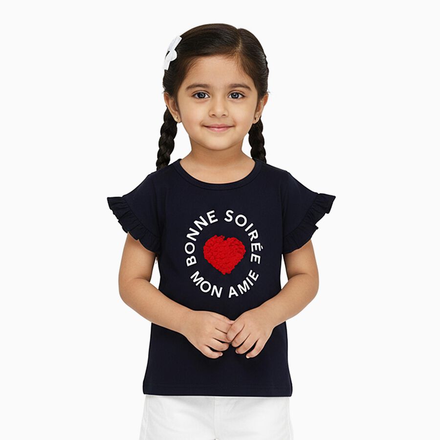 Girls' Navy Blue Cotton Round Neck Casual T-Shirt, नेवी ब्लू, large image number null