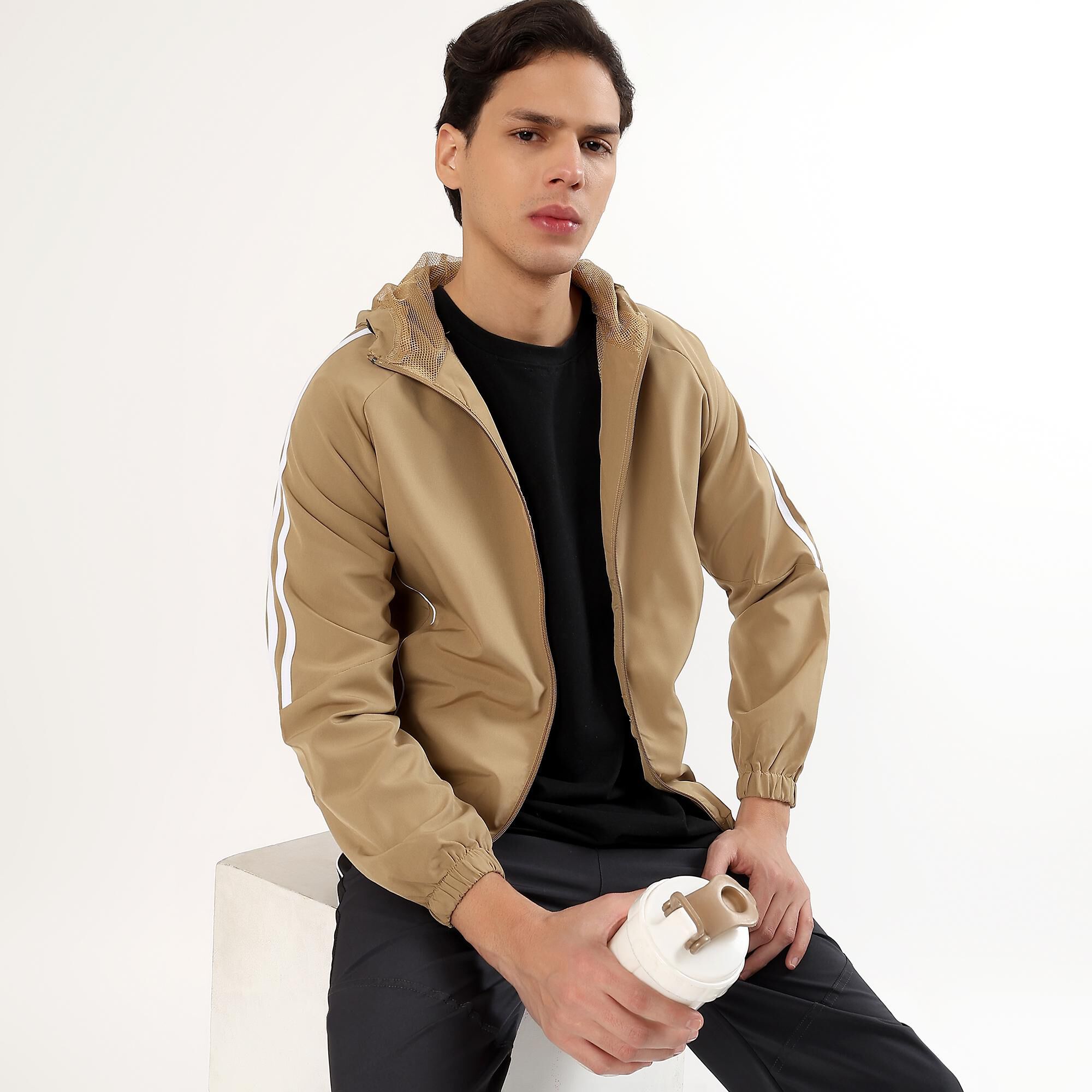 BeUnstoppable Men's Muted Beige Hooded Casual Jacket | Vishal Mega