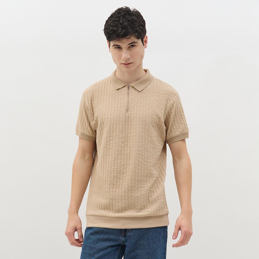 Men's Muted Beige Polo Neck Casual T-Shirt, Beige, large image number null
