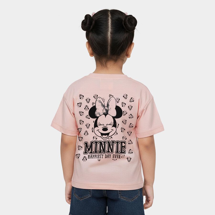 Girls' Pink Cotton Round Neck Minnie Mouse Printed T-Shirt, हल्का गुलाबी, large