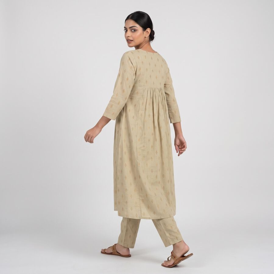 Women's Beige Cotton Notch Neck Embroidered Kurta, Beige, large