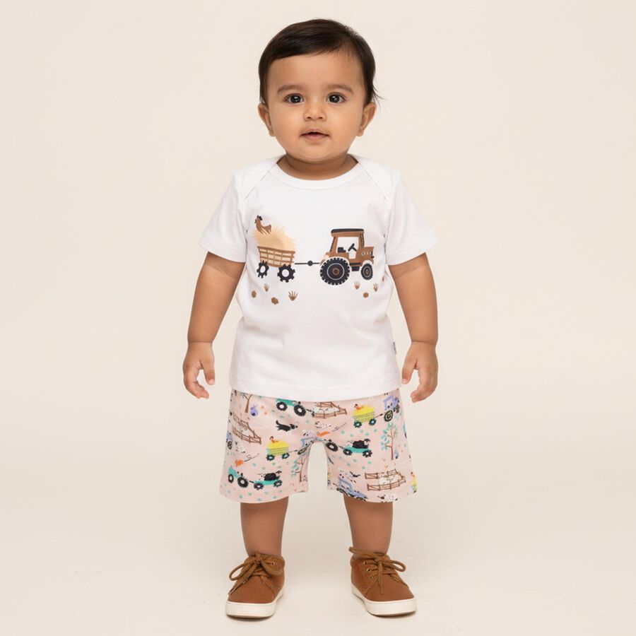 Infants' White Cotton Round Neck Tractor Print Baba Suit, Beige, large