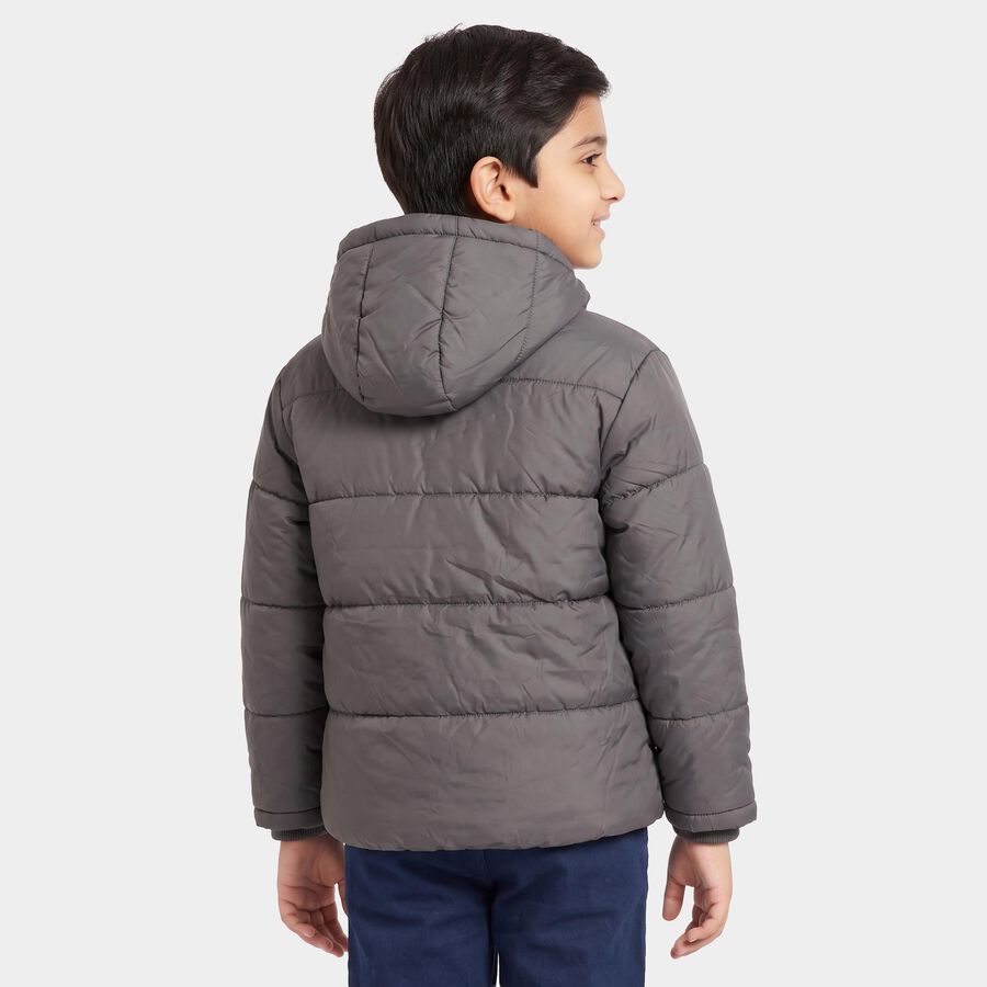 Boys Grey Hooded Puffer Jacket, Charcoal, large
