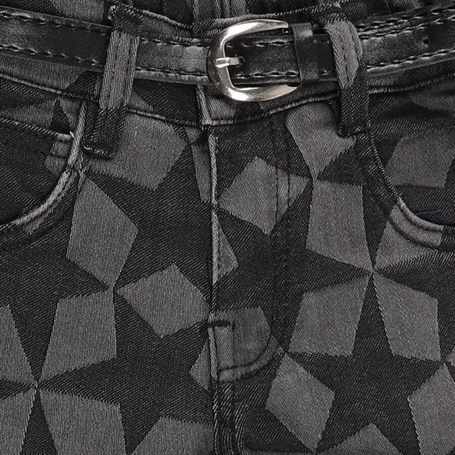 Girls' Dark Charcoal Black Cargo Fit Geometric Print Jeans, Black, large image number null