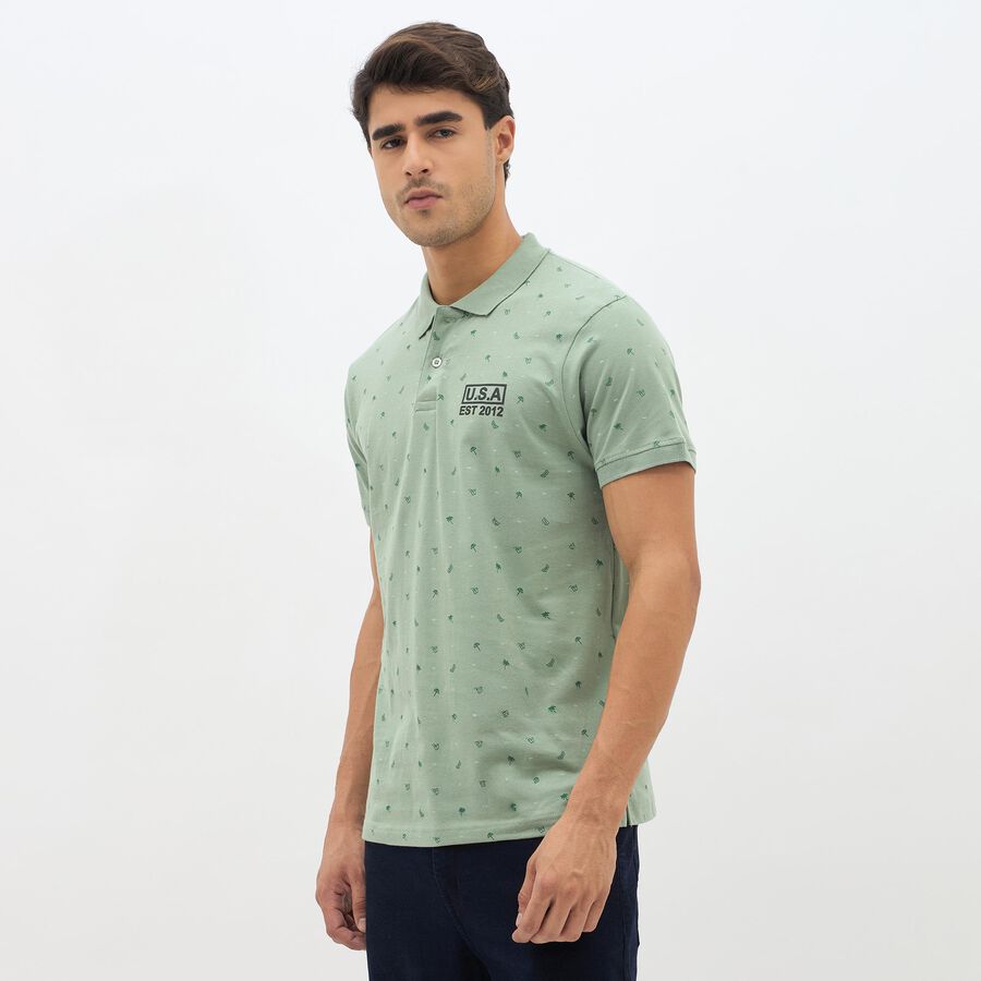 Men's Light Sage Green Cotton Polo Neck Printed T-Shirt, Light Green, large image number null