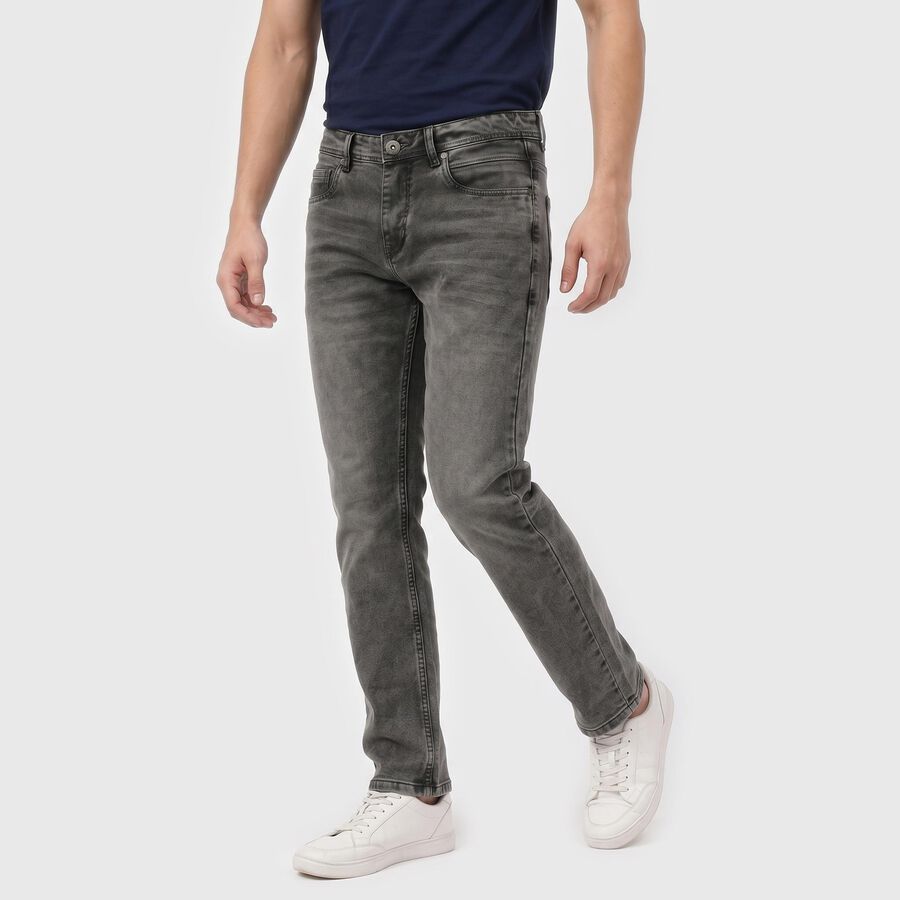Men's Grey Straight Fit Washed Jeans, Light Grey, large