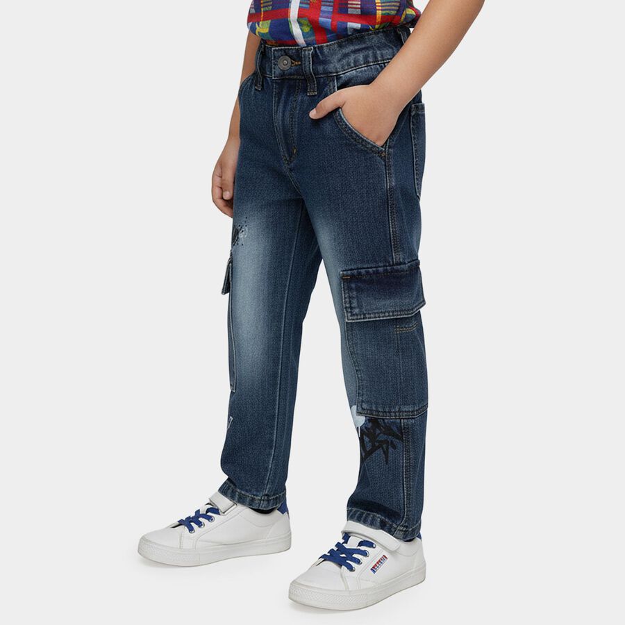 Boys' Dark Blue Regular Fit Graffiti Printed Cargo Jeans, मध्यम नीला, large