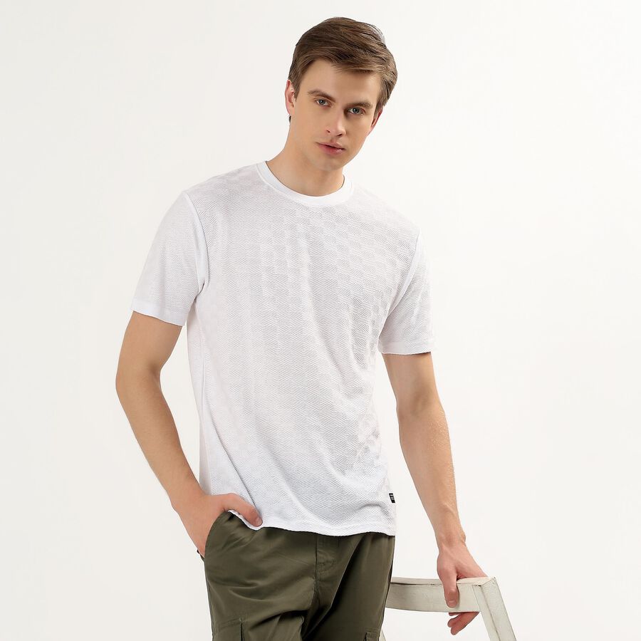 Men's White Round Neck Self Design Half Sleeves T-Shirt, White, large