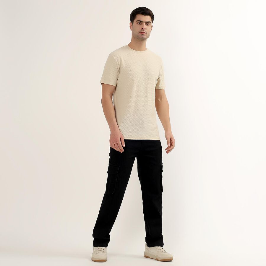 Men's Light Beige Round Neck Casual T-Shirt, Beige, large