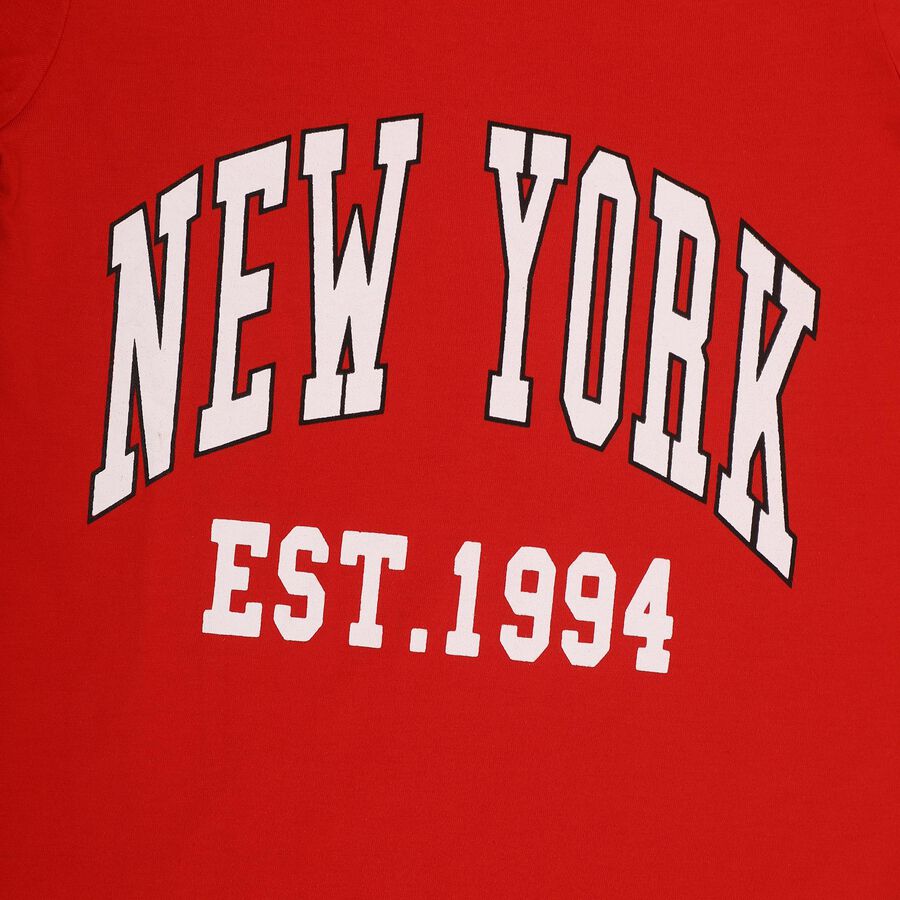 Boys' Bright Cherry Red Cotton Blend Round Neck Casual T-Shirt, लाल, large image number null