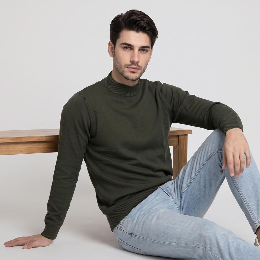 Men's Olive Green Mock Neck Solid Pullover, Olive, large