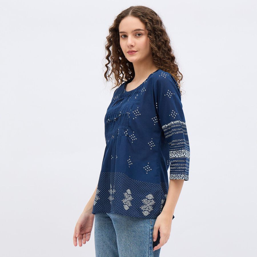 Women's Dark Blue Cotton Round Neck Printed Kurti, Dark Blue, large image number null