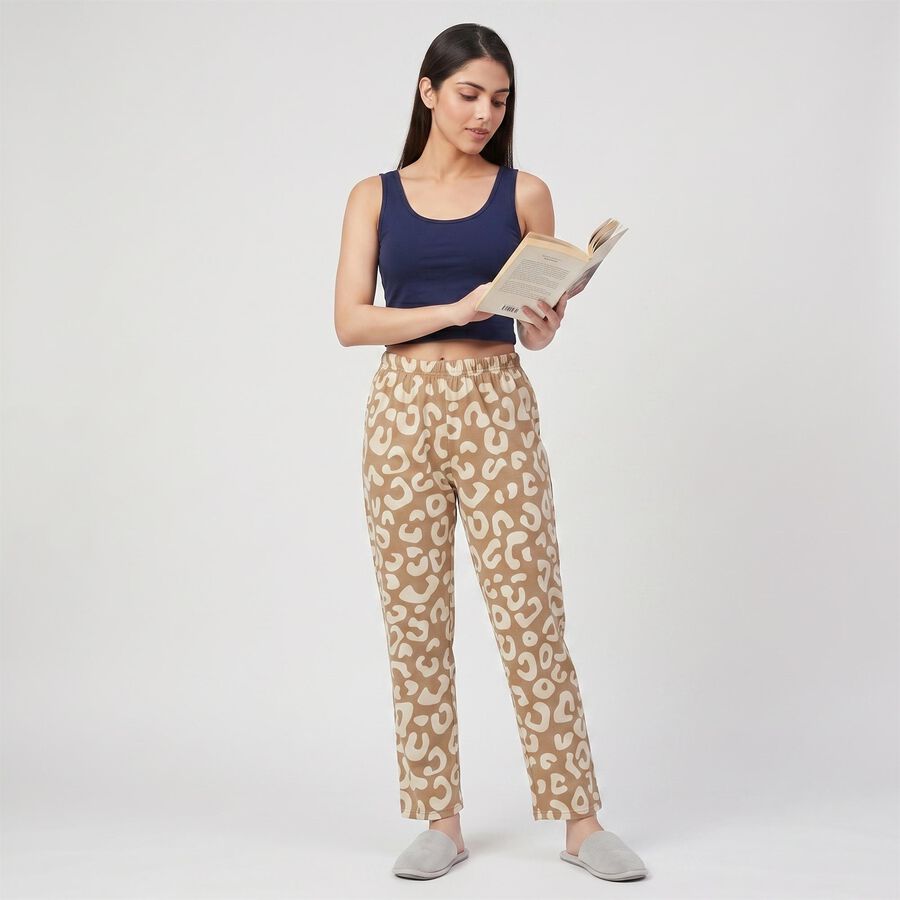 Women's Beige Straight Fit Printed Lounge Pyjama, Beige, large