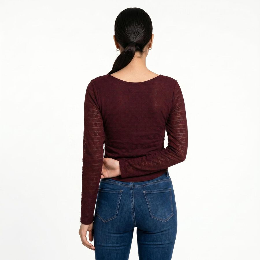 Women's Wine Round Neck Regular Top, वाइन, large