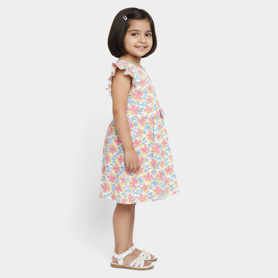 Girls' Pink Floral Printed Ruffled Sleeve Frock, Pink, large
