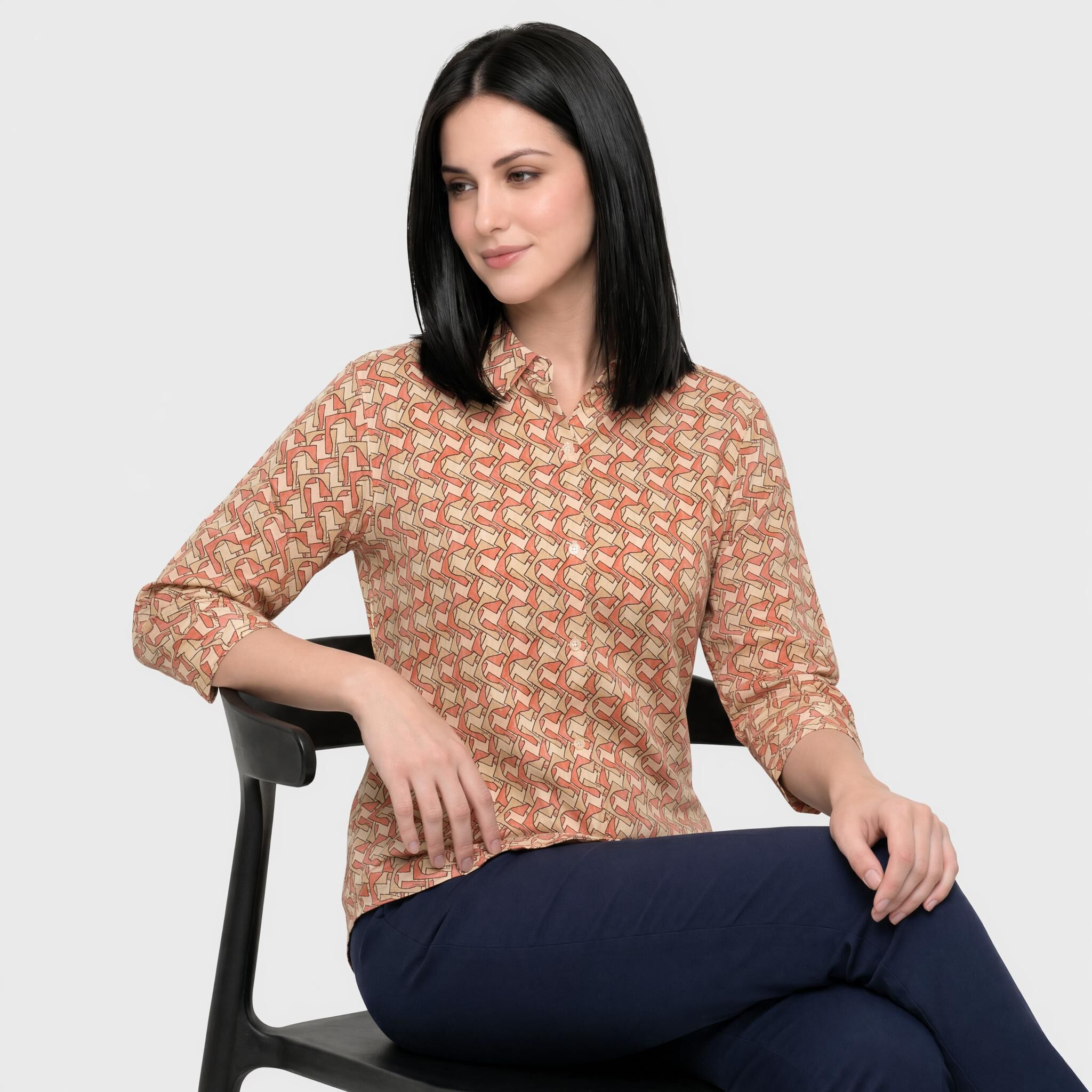 Lucky Charm Women's Peach Geometric Collared Regular Fit Shirt