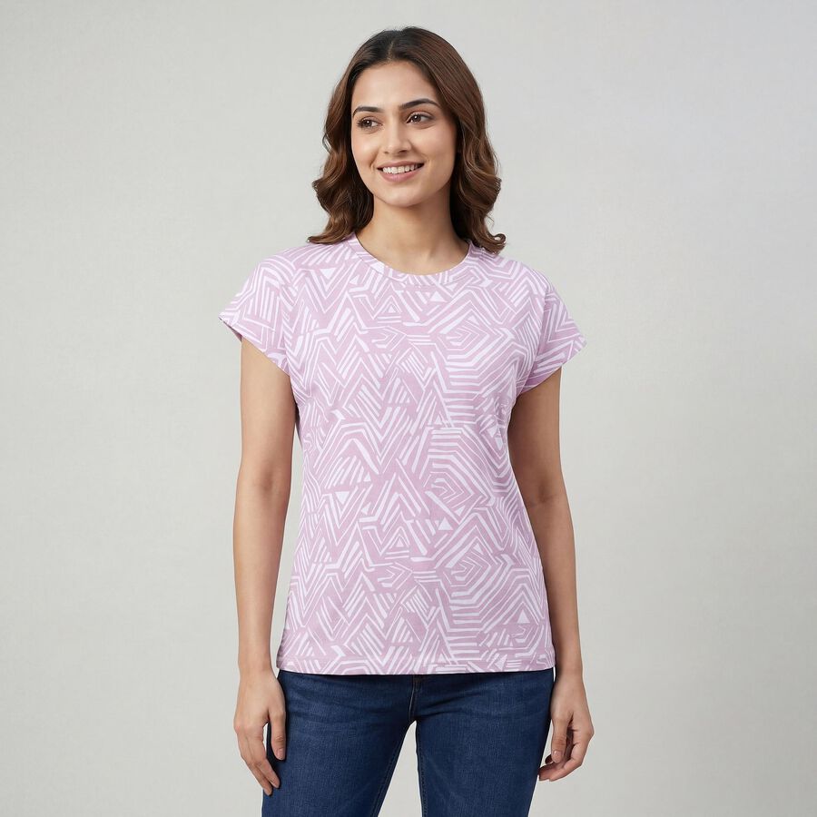 Women's Pink Round Neck Casual T-Shirt, गुलाबी, large