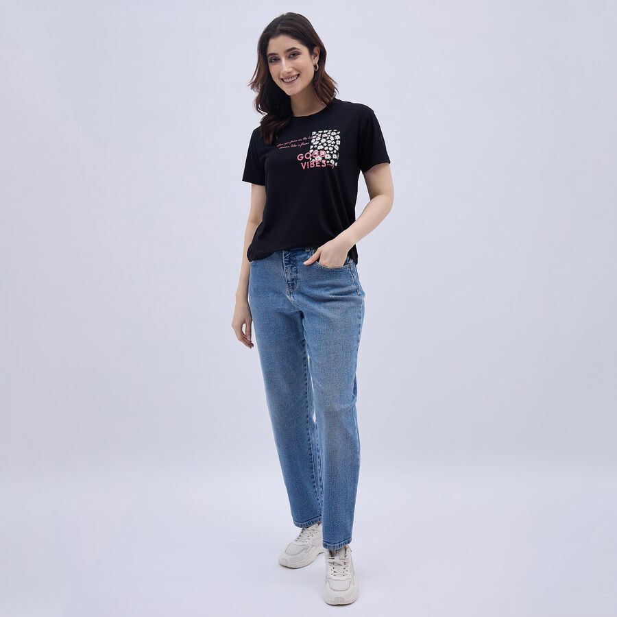 Women's Jet Black Round Neck Casual T-Shirt, Black, large image number null