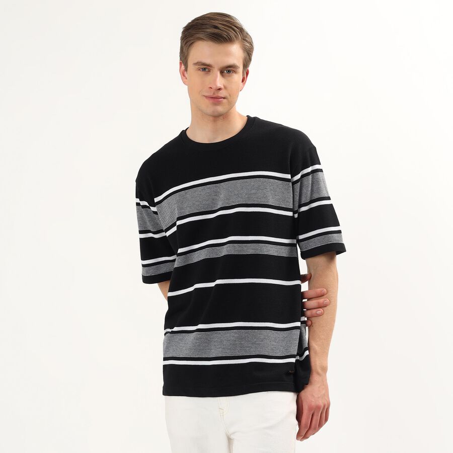Men's Black Round Neck Casual Striped T-Shirt, Black, large