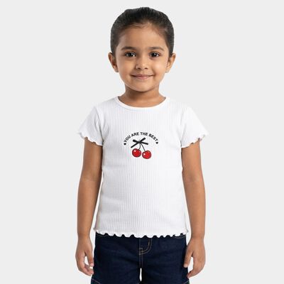 Girls' White Cotton Blend Round Neck Casual T-Shirt
