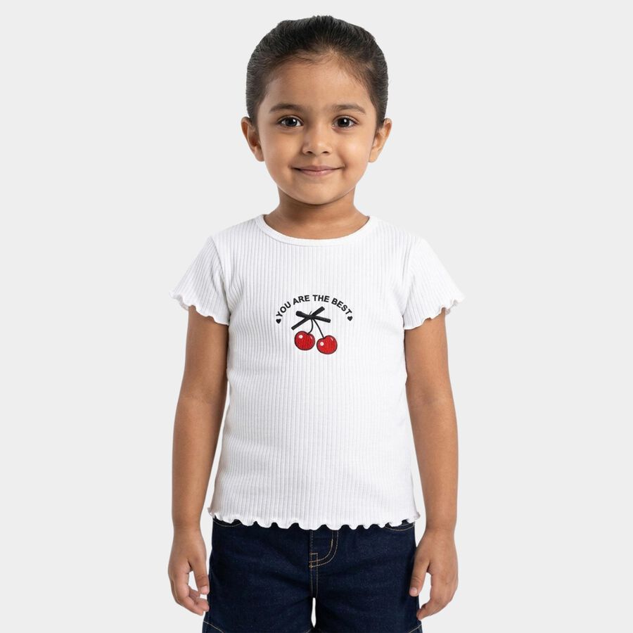 Girls' White Cotton Blend Round Neck Casual T-Shirt, White, large