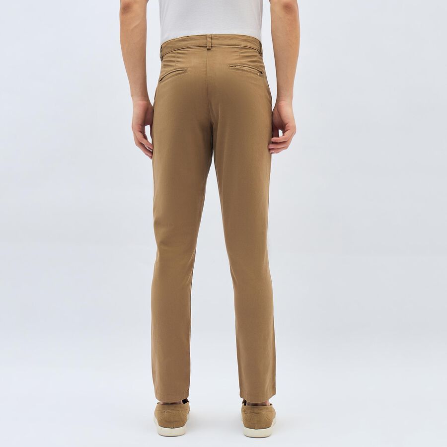 Men's Camel Brown Slim Fit Flat-Front Casual Trousers, Khaki, large