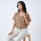 Women Beige Half Sleeve Notched Collar Casual Shirt, Beige, small
