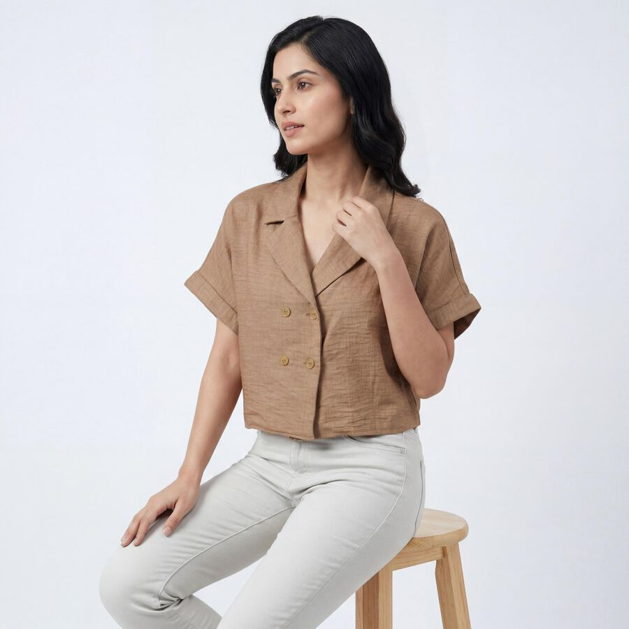 Women Beige Half Sleeve Notched Collar Casual Shirt, Beige, large