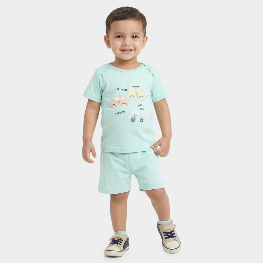 Infants' Light Green Cotton Round Neck Car Print Baba Suit, Light Green, large