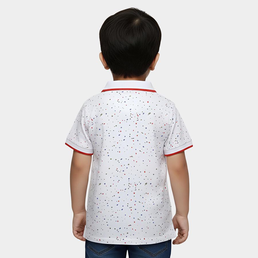 Boys' White Cotton Polo Neck Confetti Printed T-Shirt, White, large