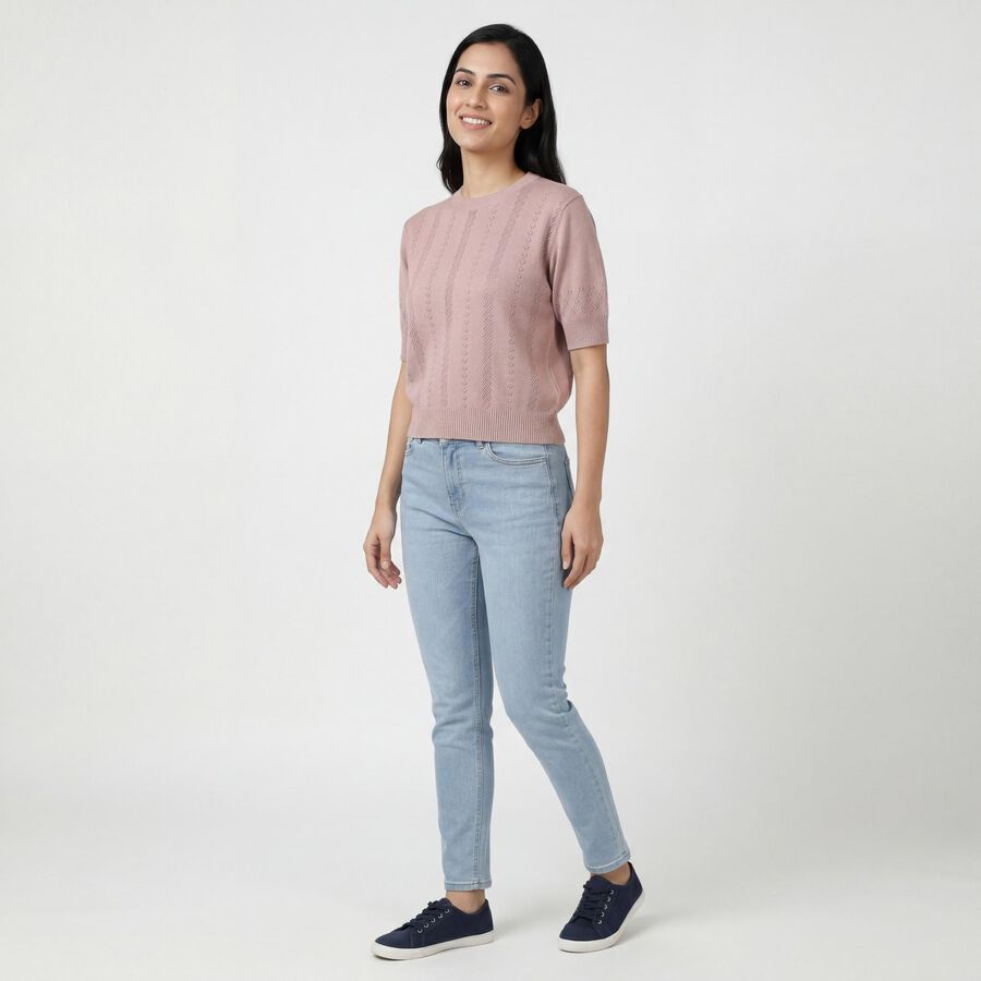 Women's Pink Cotton Round Neck Minimalist Top, गुलाबी, large