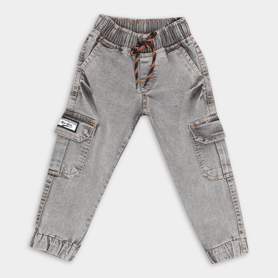 Boys Stonewashed Grey Regular Fit Cargo Jeans, हल्का ग्रे, large image number null