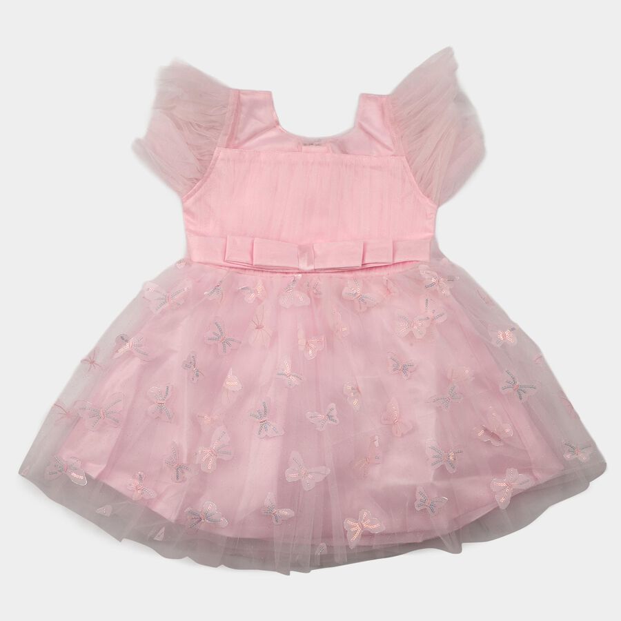 Girls Pink Fit and Flare Butterfly Applique Party Wear Frock, गुलाबी, large