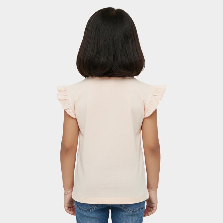 Girls' Pink Cotton Round Neck Sequin Cat Graphic Ruffle Sleeve T-Shirt, हल्का गुलाबी, large