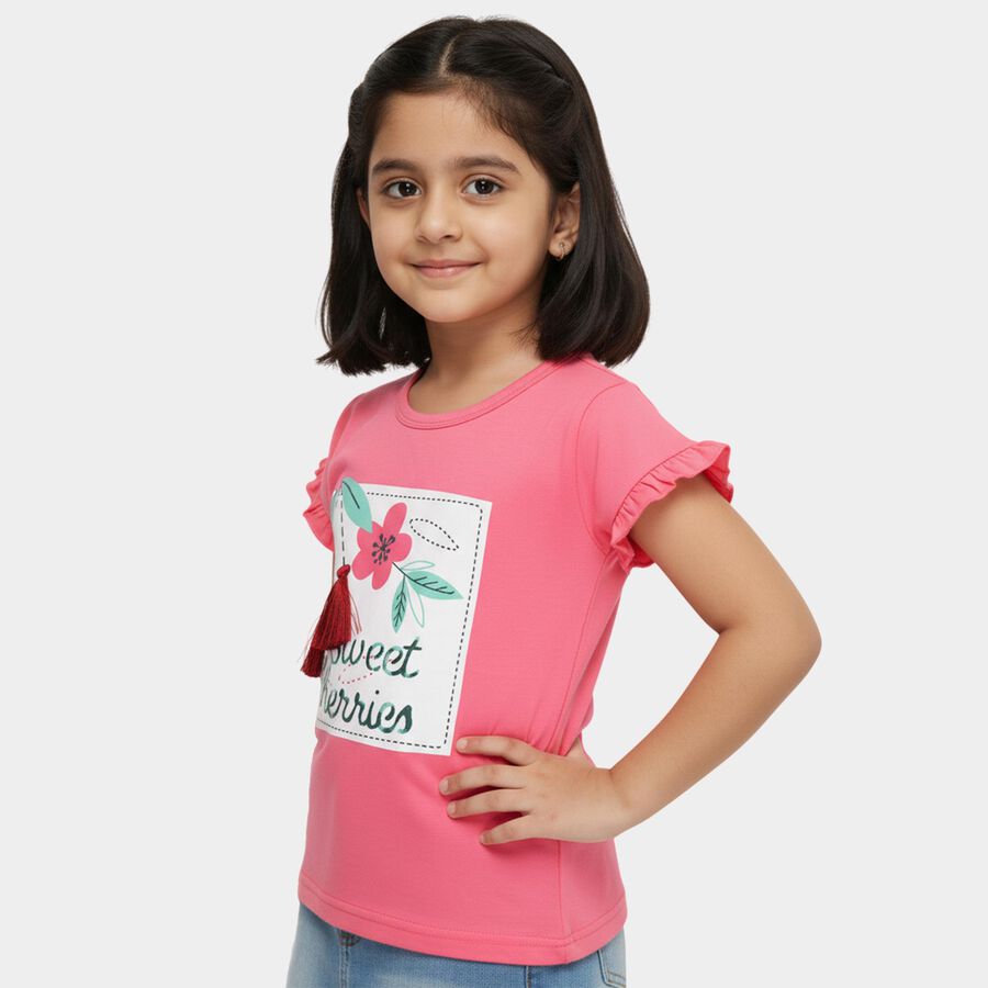 Girls Pink Cotton Round Neck Casual T-Shirt, Pink, large