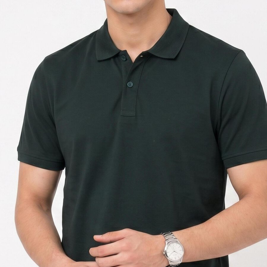 Men's Green Cotton Polo Neck Solid Polo T-Shirt, गहरा हरा, large