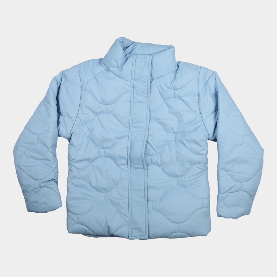 Girls' Light Blue Stand Collar Puffer Jacket, हल्का नीला, large