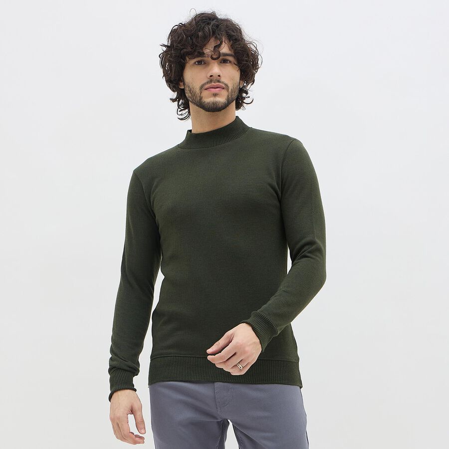 Men's Dark Olive Green Mock Neck Slim Fit Pullover, Dark Green, large image number null