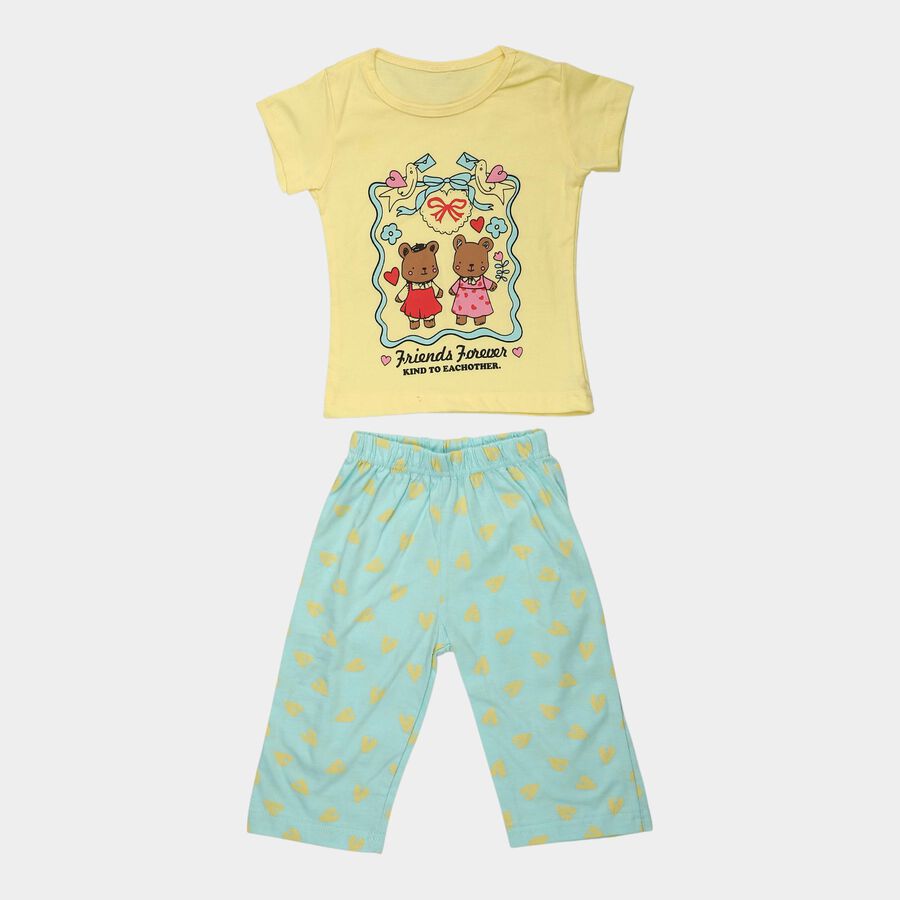 Girls Yellow Cotton Round Neck T Shirt and Capri Set, Yellow, large