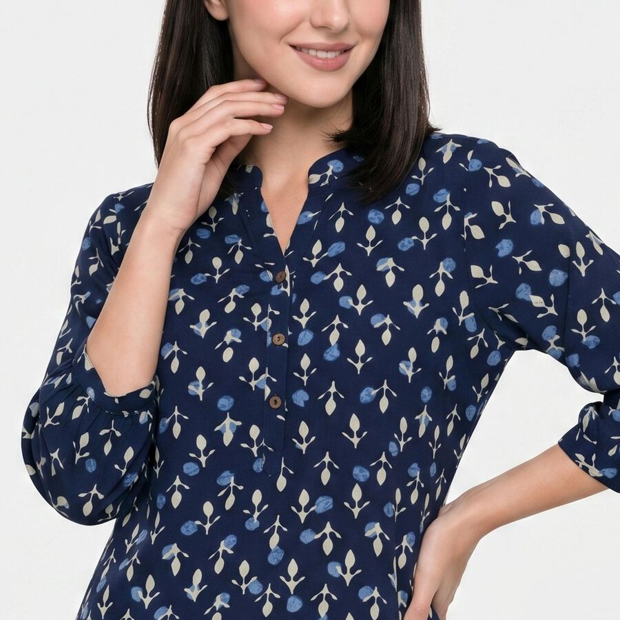 Women's Navy Blue Mandarin Collar Floral Printed Straight Kurti, गहरा नीला, large